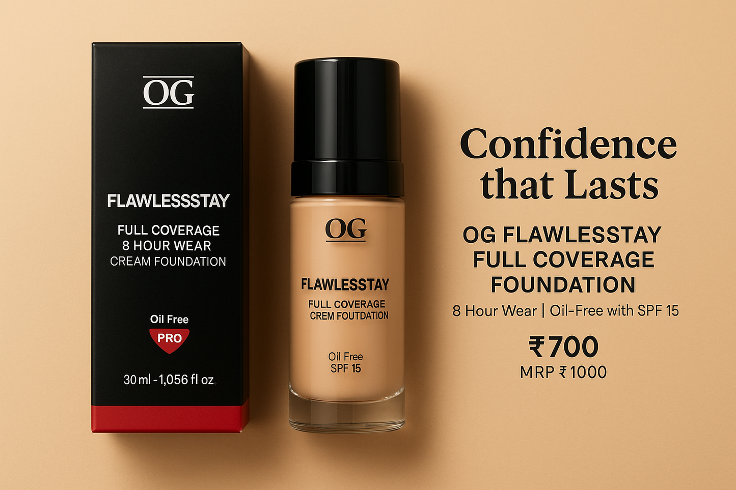 OG FlawlessStay Full Coverage Foundation – 8 Hour Wear | Oil-Free with SPF 15